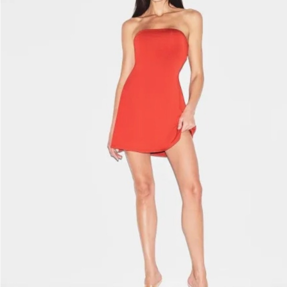 SKIMS Red Asymmetrical Strapless Bodycon Dress